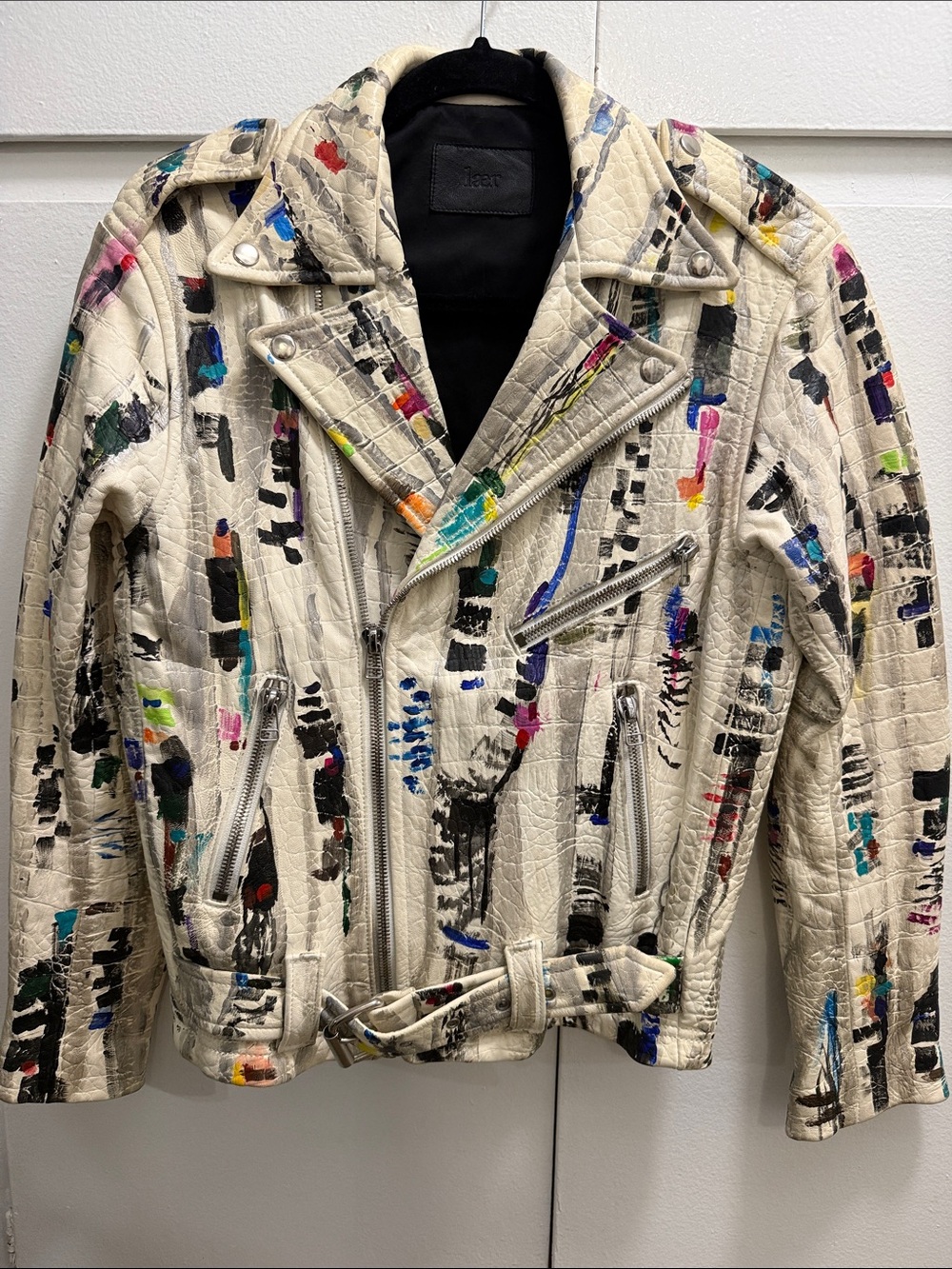 Laer hand painted limited edition Cream Leather Moto Jacket small